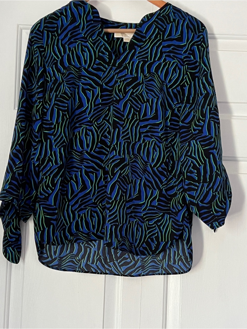 Michael Kors Black, Blue & Teal Abstract Print V-Neck Blouse